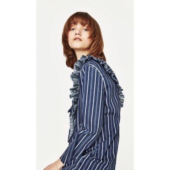 Zara New Blue White Striped Denim Jean Long Sleeve Mini Dress 5520/18/401/3 - Picture 3 of 11